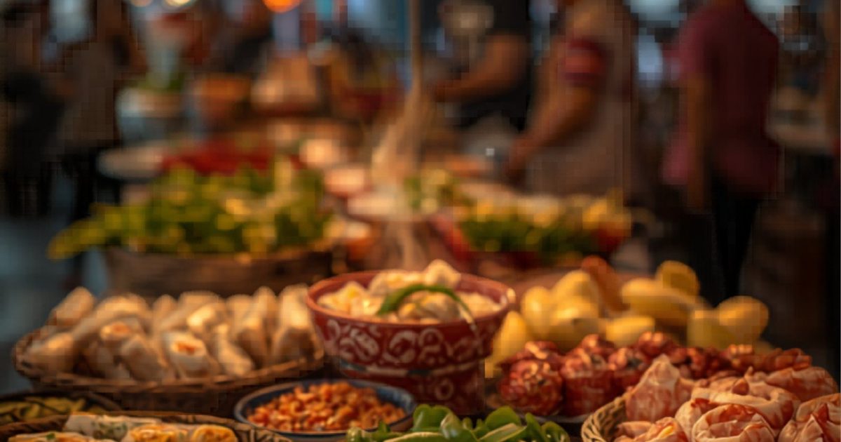 Vietnamese street food at Phu Quoc night market with lanterns