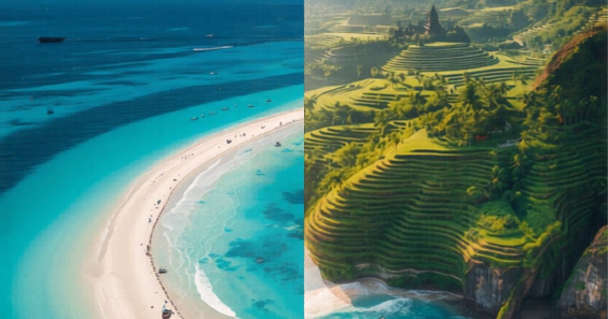 Split view comparing Phu Quoc white beach and Bali rice terraces