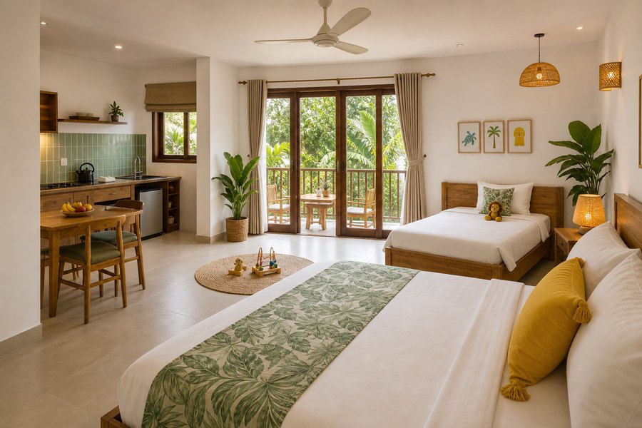Family room with kitchenette and balcony